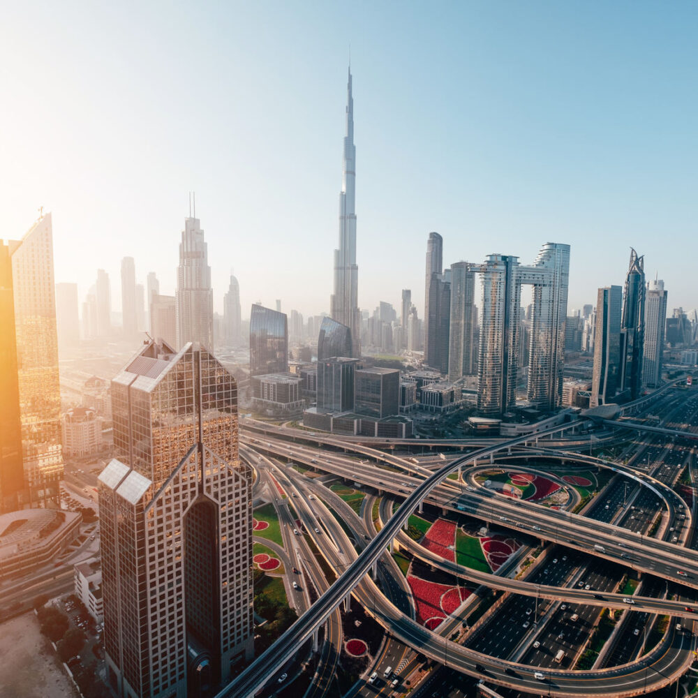 View of Dubai skyline at sunrise