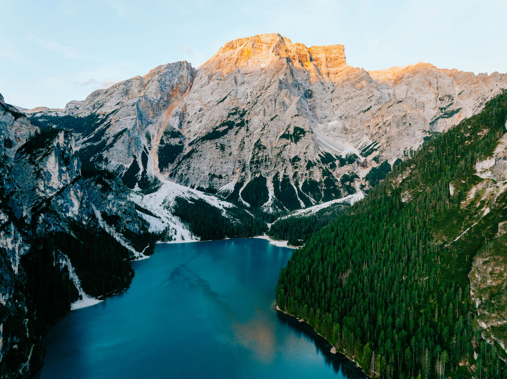 Lago di Braies at sunrise from the drone