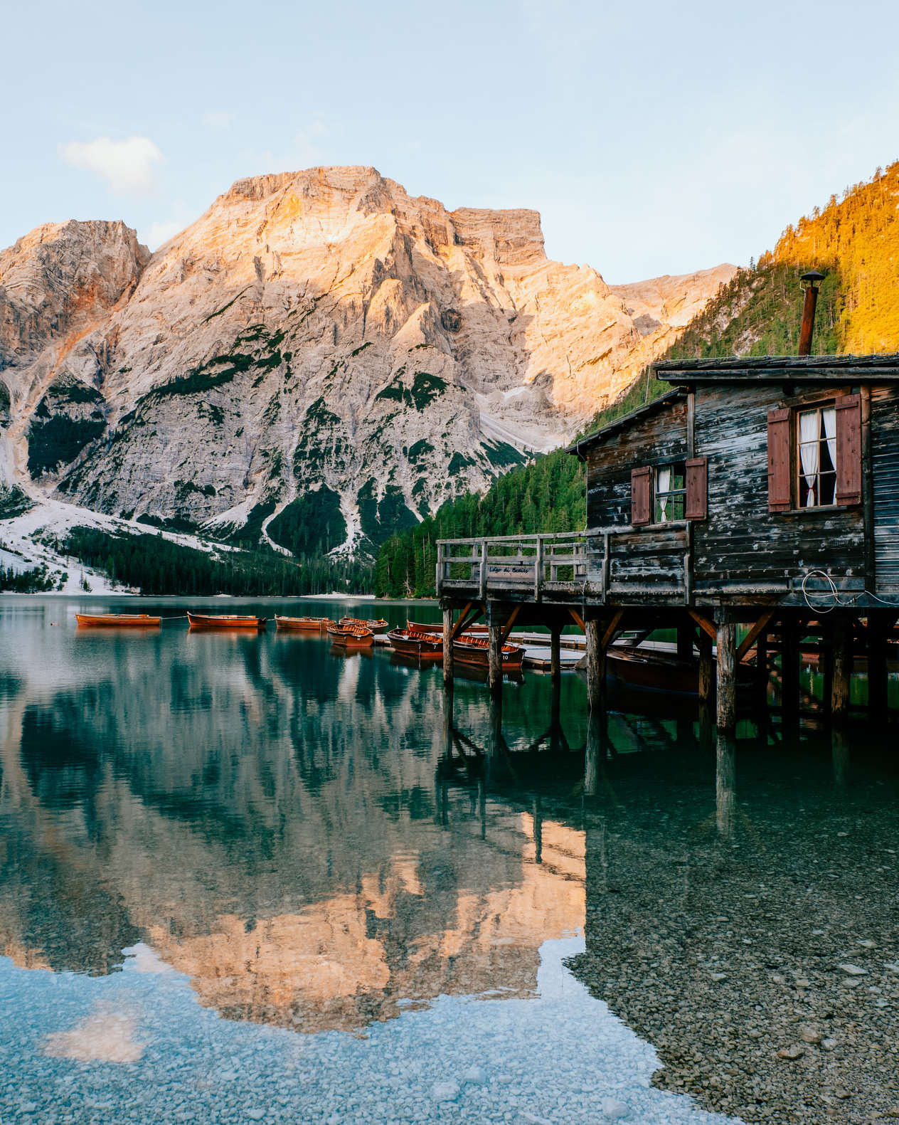 Lago di Braies in the Dolomites at sunrise